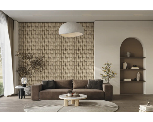 Woonkamer met bruine bank, salontafel, 3D-wandpanelen, hanglamp en wandrek