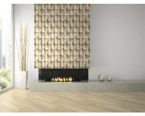 Woonkamer met open haard, sierplanten en wandpanelen