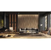 Woonkamer met wandpanelen, bank, fauteuil en open haard