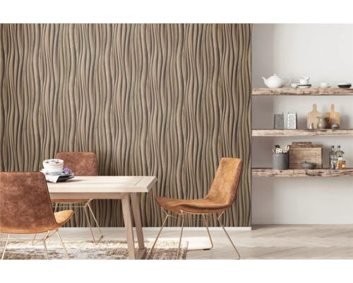 Eetkamer met design wandpaneel, eettafel en planken