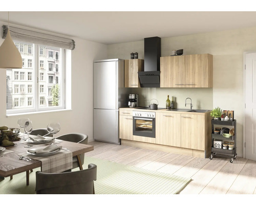 Lichte keuken met eettafel, kitchenette, koelkast en afzuigkap.