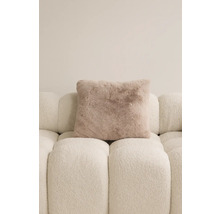 Vierkant sierkussen met een vachtuitstraling op een bank.