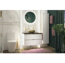 Lichte badkamer met toilet, wastafelmeubel, spiegelkast en decoratieve elementen voor een moderne ambiance.