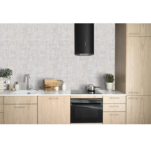 Moderne keuken met afzuigkap, gootsteen, kookplaat en oven in licht houtdesign