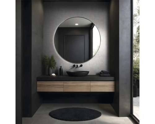 Moderne badkamer met ronde spiegel, opzetwastafel en houten onderkast