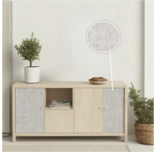 Dressoir met deuren, open vak, kamerplant, schaal met inhoud en patroonvergroting