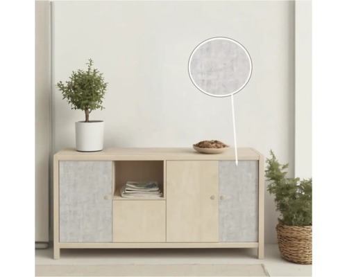 Dressoir met deuren, open vak, kamerplant, schaal met inhoud en patroonvergroting