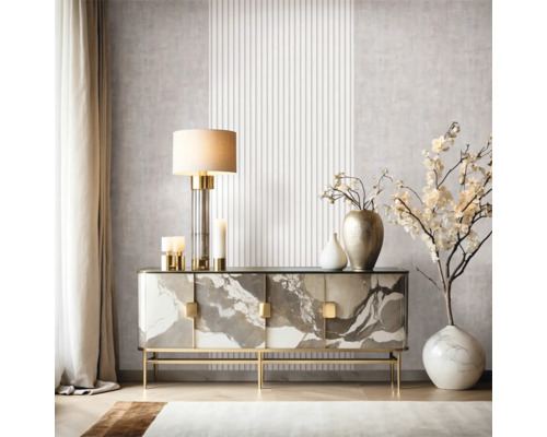 Moderne woonkamer met ladekast in marmerdesign, tafellamp en decoratieve objecten