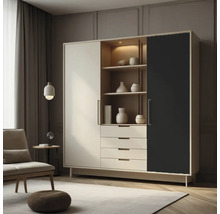 Woonkamerscène met een kast met planken en lades