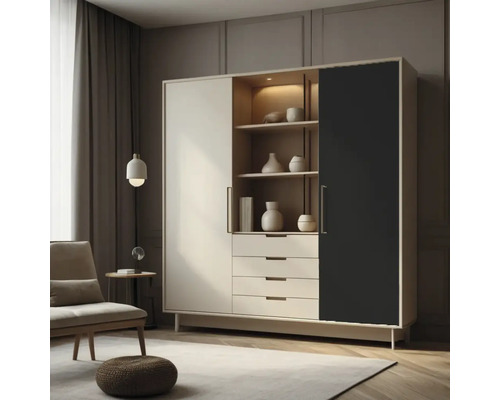 Woonkamerscène met een kast met planken en lades