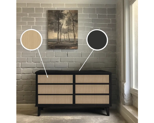 Kast met zes laden, houten structuur en decoratie