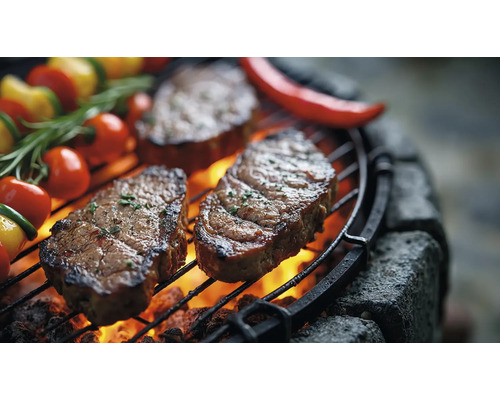 Barbecue met steaks, groenten en vuur