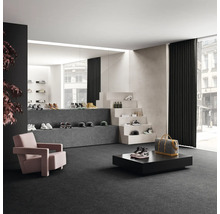 Interieur met tapijt, fauteuils en productpresentatie voor schoenen en accessoires