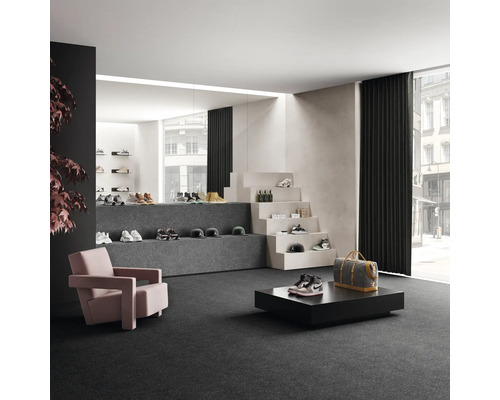 Interieur met tapijt, fauteuils en productpresentatie voor schoenen en accessoires