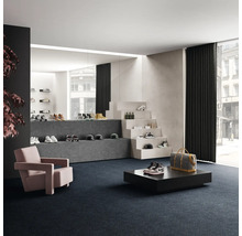 Verkoopruimte met schoenen op trappen en plateaus, fauteuil en vloerbedekking