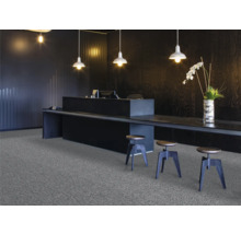 Receptieruimte met tapijt, balie, barkrukken en verlichting