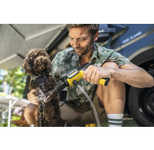 Man wast hond met een Kärcher reinigingsapparaat in de buitenlucht
