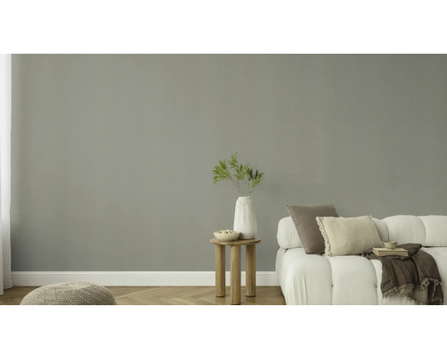 Woonkamer met grijze muurverf, bank, tafel en decoratie voor een lichte en vriendelijke sfeer