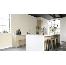 Lichte keuken met kookeiland, werkblad, keukenapparatuur en barkrukken