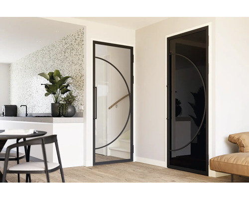 Twee binnendeuren met glas en halfrond design in een lichte ruimte.