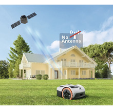 Robotmaaier zonder antenne op gazon voor een huis, satelliet in de lucht