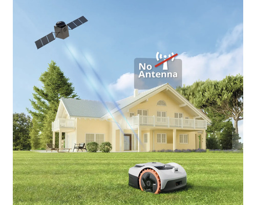Robotmaaier zonder antenne op gazon voor een huis, satelliet in de lucht