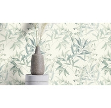 Behang met bladerpatroon en vaas