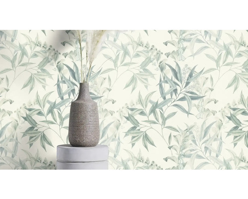 Behang met bladerpatroon en vaas