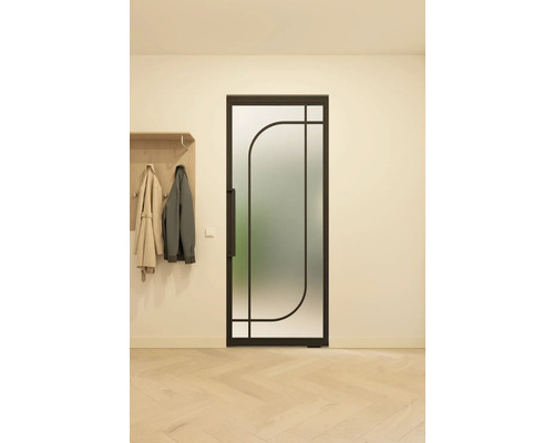 Binnendeur met satijnglas en zwart frame in interieur