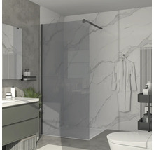 Badkamer met glazen douchewand, wastafel en toilet.