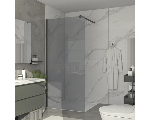 Badkamer met glazen douchewand, wastafel en toilet.