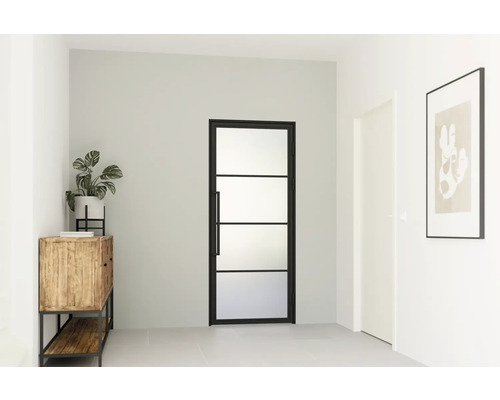 Hal met een deur met glazen panelen en een zwart frame, een houten kast en een kamerplant.