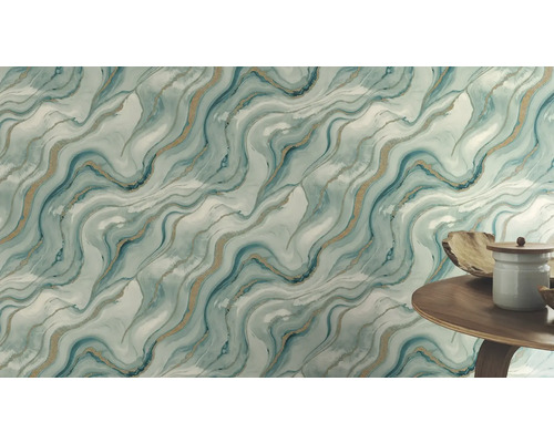 Behang met marmerpatroon in blauw- en goudtinten