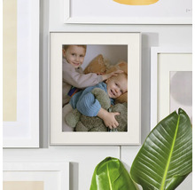 Fotolijst met passe-partout en foto aan een galeriewand naast een kamerplant.