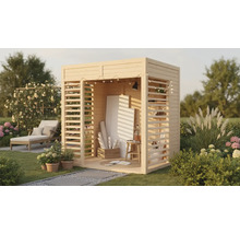 Houten tuinhuis met schildersezel, canvas, kruk en decoratie in de tuin