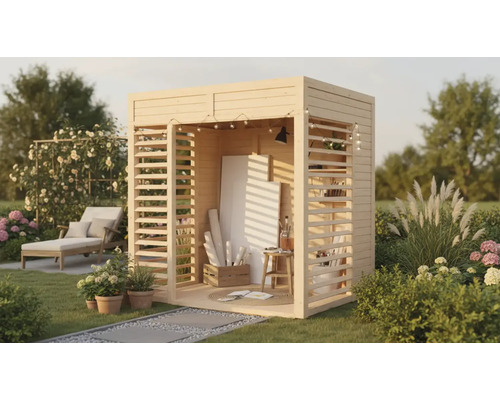 Houten tuinhuis met schildersezel, canvas, kruk en decoratie in de tuin