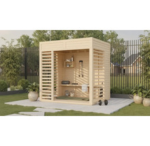 Houten tuinhuis met fitnessapparatuur en planken