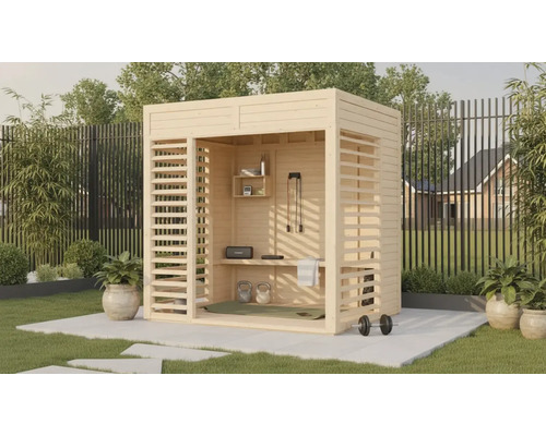 Houten tuinhuis met fitnessapparatuur en planken