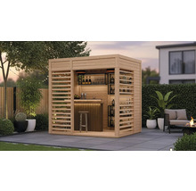 Houten tuinbar met planken, barkruk en buitenruimte