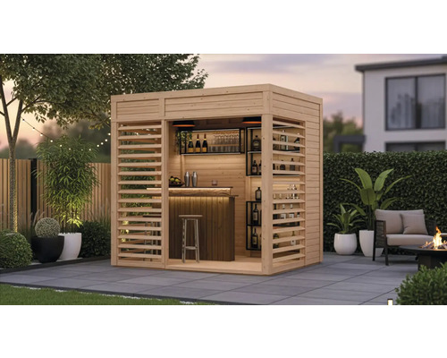 Houten tuinbar met planken, barkruk en buitenruimte