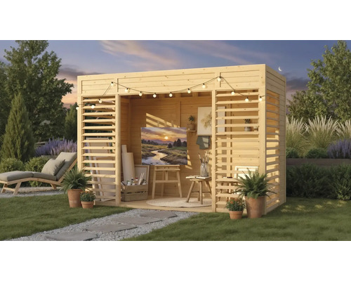 Houten tuinpaviljoen met kunststudio, ligstoel en planten
