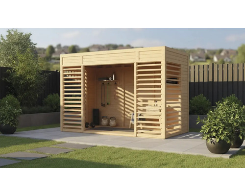 Houten tuinhuis met trainingsapparatuur in de tuin
