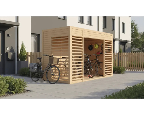 Houten fietsenstalling met fietsen voor een huis