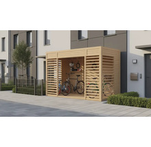 Houten fietsenstalling met fietsen en accessoires
