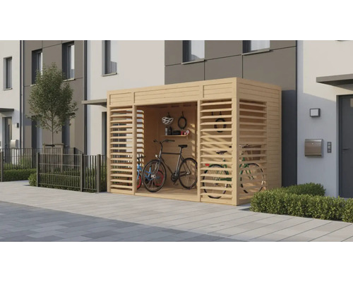 Houten fietsenstalling met fietsen en accessoires