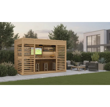 Houten tuinbar met televisie en barkrukken in een moderne tuin