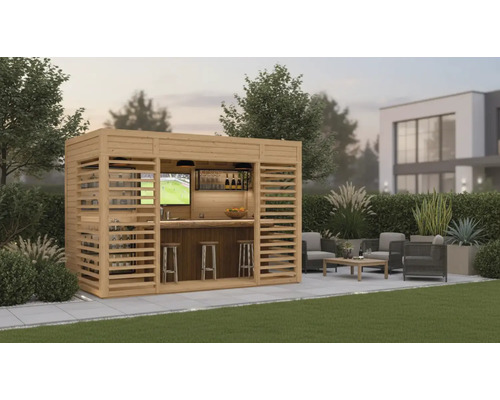 Houten tuinbar met televisie en barkrukken in een moderne tuin