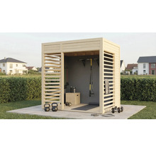 Houten tuinsauna met sporttoestellen zoals halters, kettlebells en een optrekstang