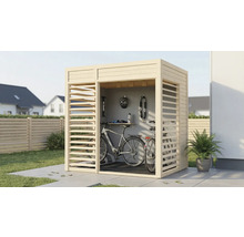 Houten fietsenstalling met fietsen, fietshelm en accessoires