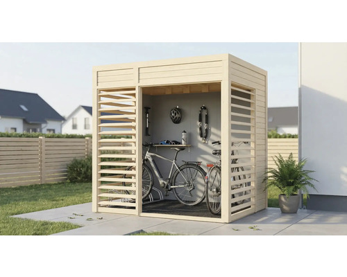 Houten fietsenstalling met fietsen, fietshelm en accessoires